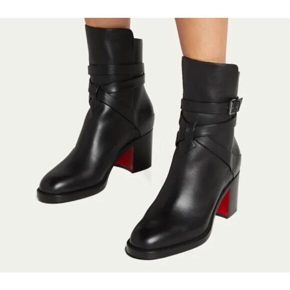CHRISTIAN LOUBOUTIN Karistrap Black Ankle Boot Size 38.5 Block Heel Buckle Strap - Picture 14 of 14
